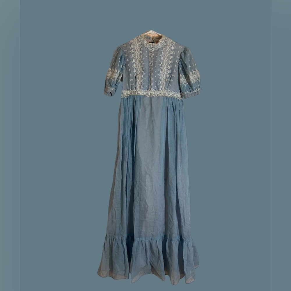 Blue Vintage 70’s Maxi Dress with lace and puff sleeves
